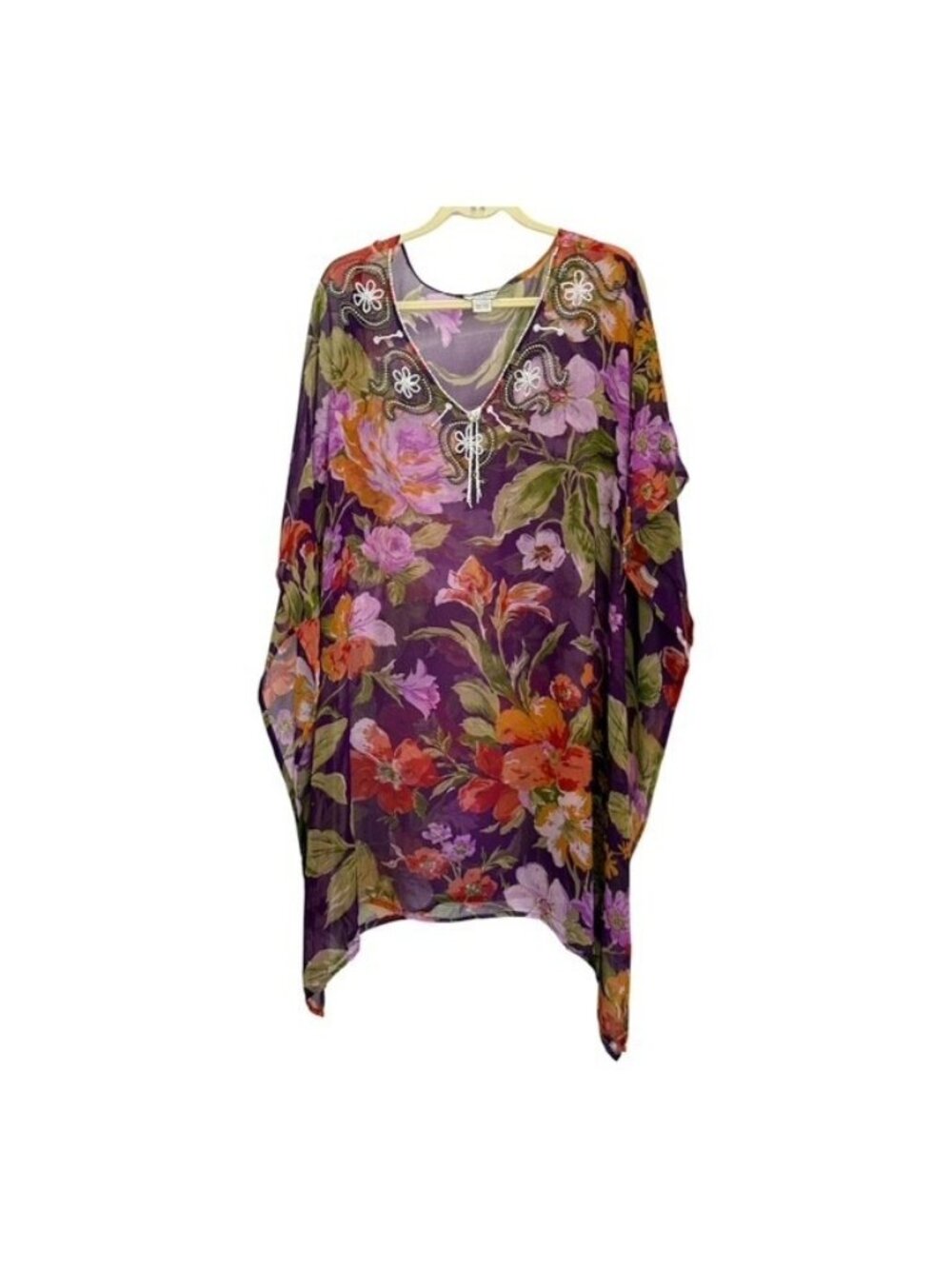 Signature JMB Sheer Kaftan Dress Purple Orange Floral Beaded Coverup Poncho Vtg